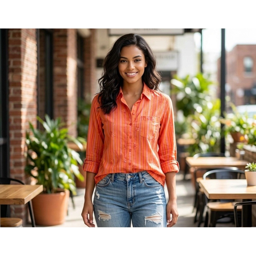 Maeve Anthropologie Button Down Shirt Womens 12 Orange Pink Plaid Embroidered